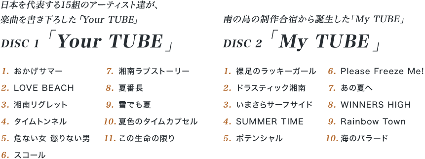 日本を代表する15組のアーティスト達が、楽曲を書き下ろした「Your TUBE」 DISC 1「Your TUBE」 1.おかげサマー 2.LOVE BEACH 3.湘南リグレット 4.タイムトンネル 5.危ない女 懲りない男 6.スコール 7.湘南ラブストーリー 8.夏番長 9.雪でも夏 10.夏色のタイムカプセル 11.この生命の限り 南の島の制作合宿から誕生した「My TUBE」 DISC 2「My TUBE」 1.裸足のラッキーガール 2.ドラスティック湘南 3.いまさらサーフサイド 4.SUMMER TIME 5.ポテンシャル 6.Please Freeze Me! 7.あの夏へ 8.WINNERS HIGH 9.Rainbow Town 10.海のバラード